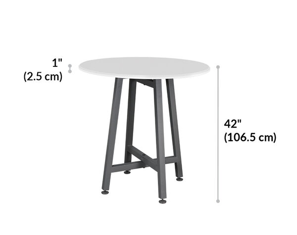 standing round table is forty two inches tall and the tabletop is one inch thick