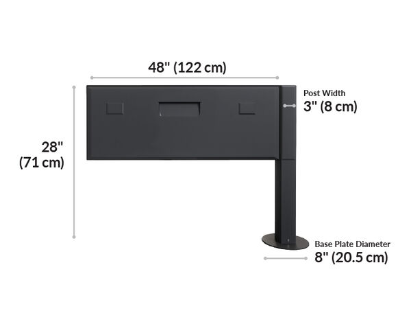 power beam extension 48 is 48 inches wide, 28 inches tall, and 3 inches deep, with a base plate diameter of 8 inches.