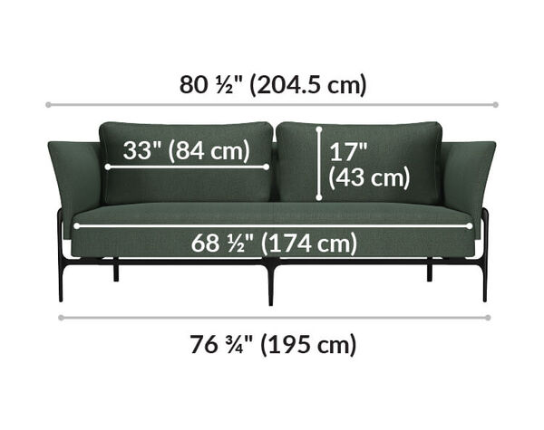 contemporary three seat sofa is eighty and a half inches long
