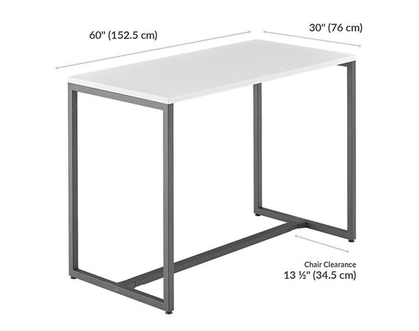 Standing Work Table is 60 inches wide and 30 inches deep. Standing Work Table feet are 56 and a half inches apart.