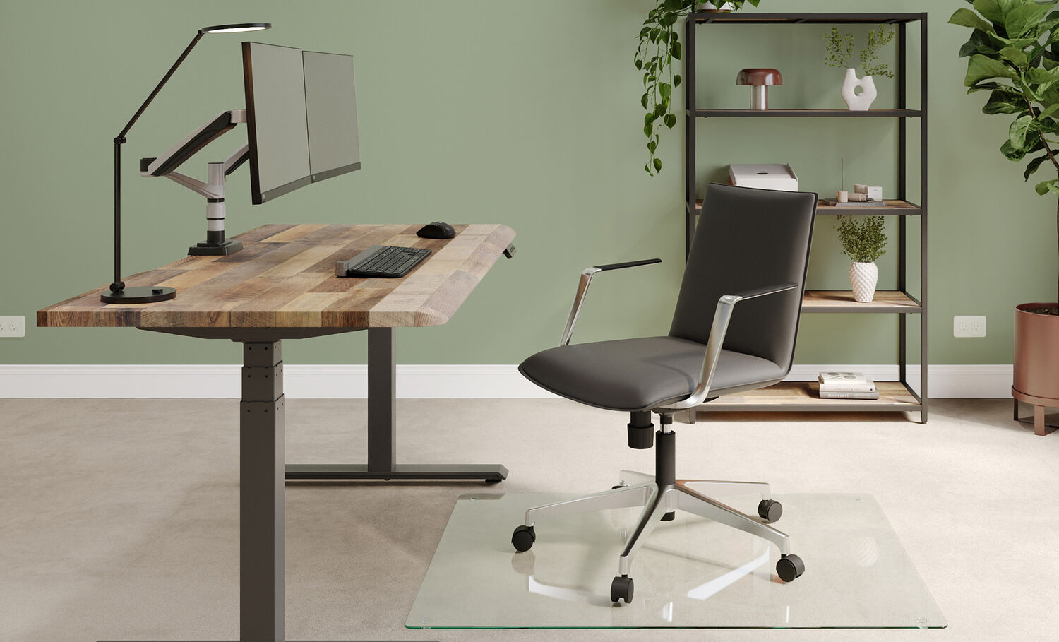 summit chair paired with a comfortedge electric standing desk on a glass mat