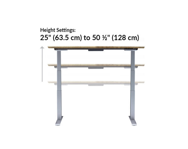 Electric Standing Desk 72x30 Reclaimed Wood with Silver Legs height settings range from 25.5 inches to 50.5 inches tall