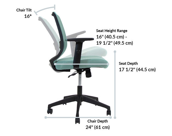 Office chair side view with dimensions: tilt sixteen degrees; seat height range sixteen to nineteen and a half inches; seat depth seventeen and a half inches; chair depth twenty-four inches.