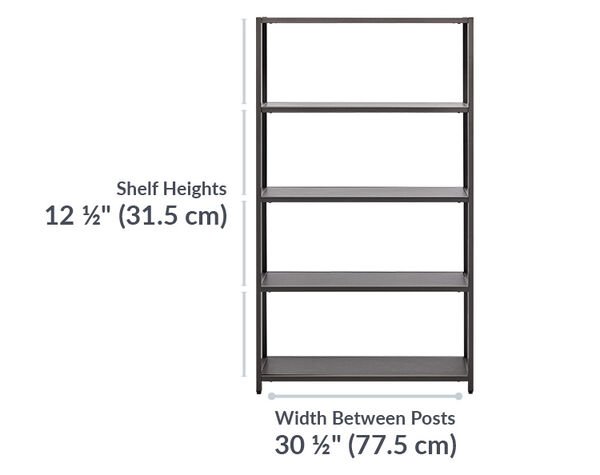 vari 5-tier shelf is 12 and a half inches tall between each shelf and 30 and a half inches wide from post to post