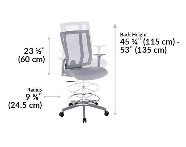 drafting chair back rest is twenty three and a half inches tall. The height ranges from forty five to fifty three inches and the foot ring radius is 10 inches. 