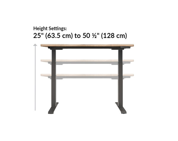 The Ergo Electric Standing Desk 54x26 height ranges from 25 inches to 50.5 inches 