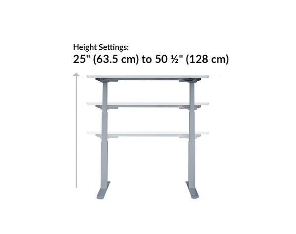 electric standing desk height setting range from 25 and a half inches to 50 and a half inches