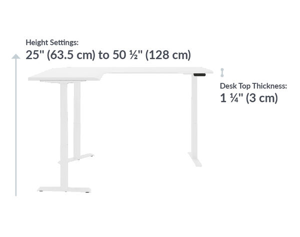 l shape electric standing desk eighty by sixty has a max height of fifty and a half inches tall