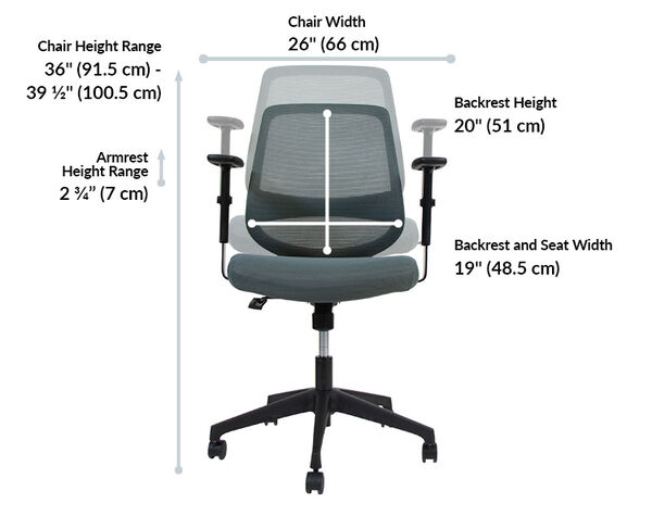 Office chair front view with dimensions: width twenty-six inches; height range thirty-six to thirty-nine and a half inches; armrest height range two and three-quarter inches; backrest height twenty inches; backrest and seat width nineteen inches.