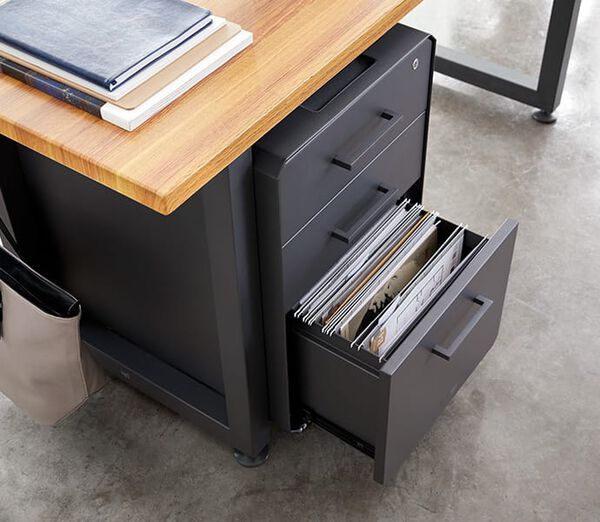 Vari File Cabinet with an open bottom drawer