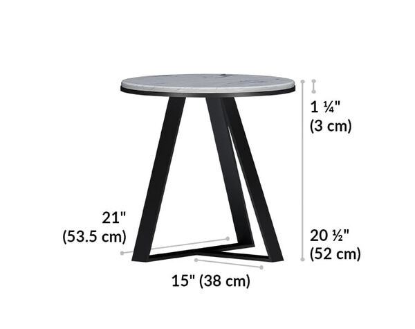 small nesting table is 20 and a half inches tall with a tabletop thickness of 1 and a quarter inches. Long leg is 21 inches long and the small leg is 15 inches long.