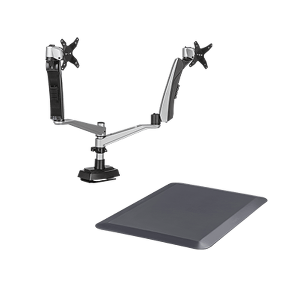 dual monitor arms and an anti-fatigue mat for standing desks and desktop converters