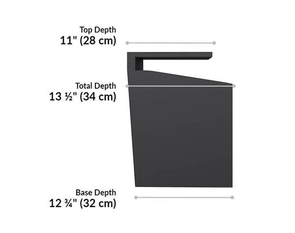 vari hanging desk cubby has a top depth of 11 inches, a base depth of 13 and 3 quarter inches, and a total depth of 13 and a half inches