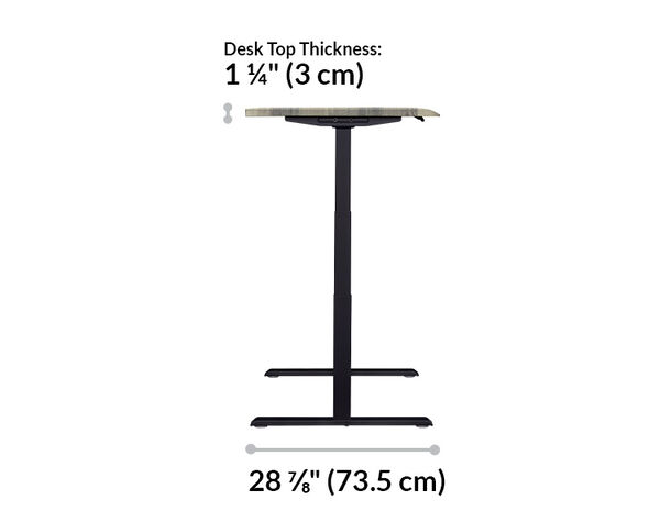 side view of driftwood top finish with black legs showing specs
