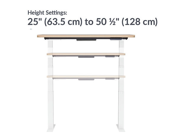 The base of the Electric Standing Desk with ComfortEdge&trade;  48x30 Light Wood goes from 25 inches to 50.5 inches tall