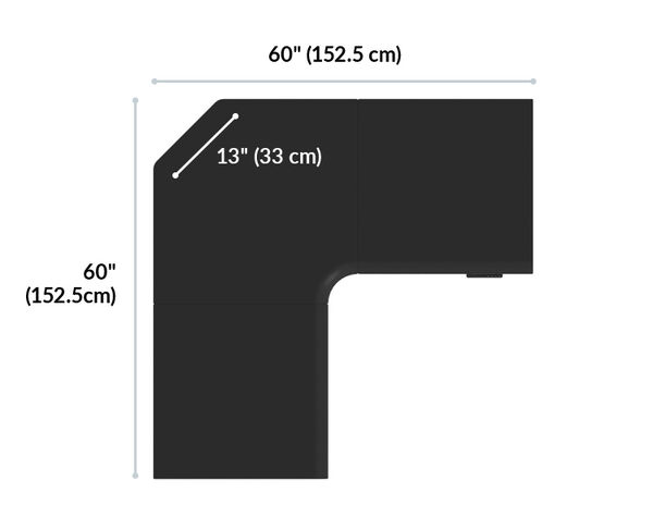 Top-down L-shaped desktop diagram showing sixty inches by sixty inches with a thirteen-inch corner cut, in a reclaimed wood-look finish.