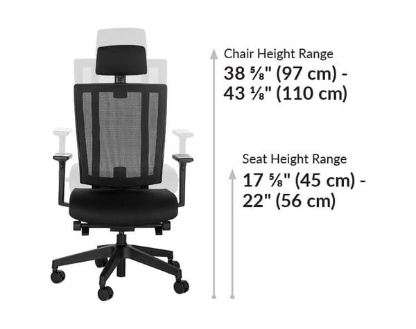 task chair headrest chair height range 38 inches to 43 inches. seat height range 17 inches to 22 inches