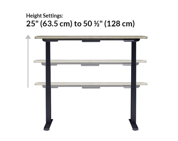 front view of driftwood top finish with black legs showing specs