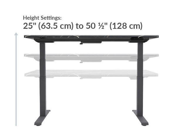 The base of the Electric Standing Desk with ComfortEdge&trade;  60x30 walnut goes from 25 inches to 50.5 inches tall