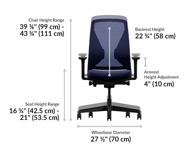Front view of an ergonomic office chair with labeled dimensions: chair height range 39⅜&Prime;&ndash;43&frac34;&Prime; (99&ndash;111 cm), seat height 16&frac34;&Prime;&ndash;21&Prime; (42.5&ndash;53.5 cm), backrest height 22&frac34;&Prime; (58 cm), armrest adjustment 4&Prime; (10 cm), and wheelbase 27&frac12;&Prime; (70 cm).