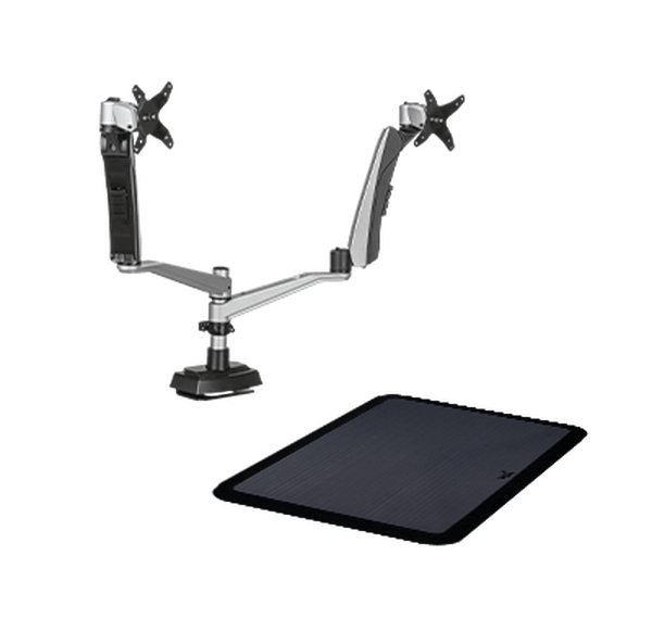dual monitor arms and an anti-fatigue mat for standing desks and desktop converters