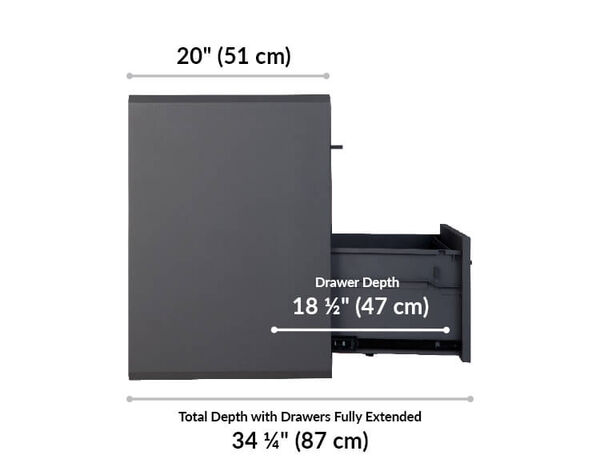 lateral file cabinet is 20 inches deep. Drawer depth is 18 and a half inches. Total depth with drawers fully extended is 34 and a quarter inches long