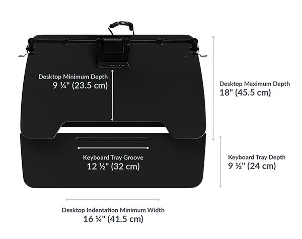 Dimension image shows that the desktop iminmum depth is 9 and a quarter inches deep and the keyboard tray depth is 9 and a half inches deep