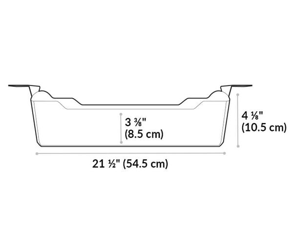 Cable management tray base is 21.5 inches long. Height ranges from 3 and 3 eighth inches to 4 and 1 eighth inch. 