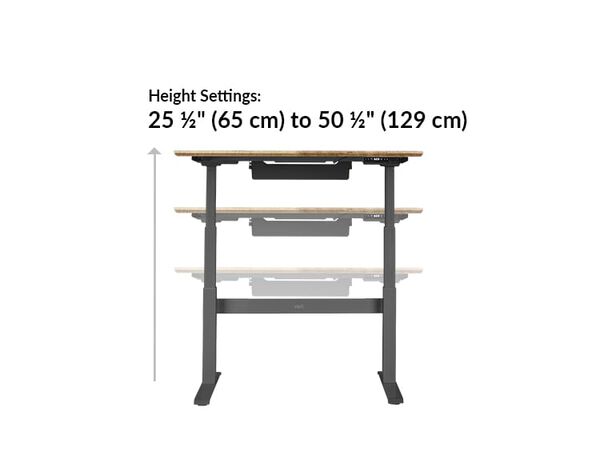 vari electric standing desk height setting range from 25 and a half inches to 50 and a half inches