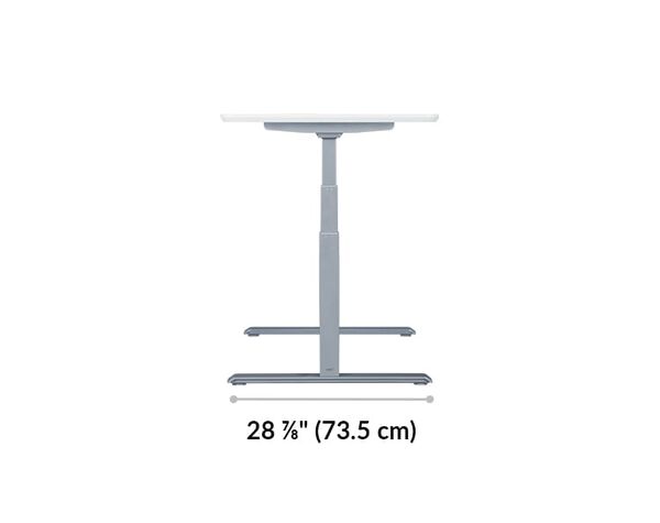 Electric standing desk base is 28 and 7 eighth inches long