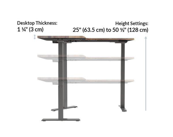 L-shaped desk side-view diagram showing desktop thickness one and one-quarter inches and height settings from twenty-five to fifty and one-half inches, with the desktop shown at three heights.