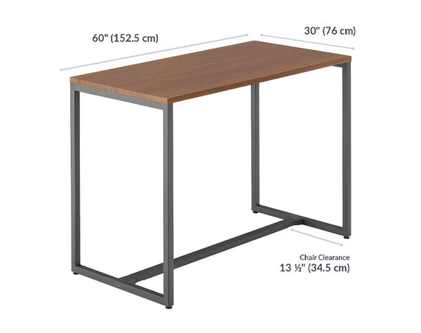 Standing Work Table is 60 inches wide and 30 inches deep. Standing Work Table feet are 56 and a half inches apart.