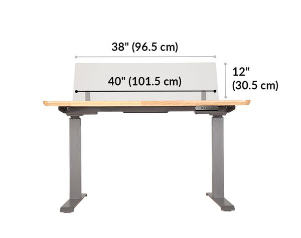 vari acrylic modesty panel is 38 to 40 inches wide and sits 12 inches above desktop when mounted