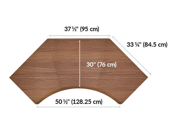 op-down diagram of a corner desk showing dimensions: 50 &frac12;" wide, 30" deep, with angled sides measuring 37 &frac12;" and 33 &frac14;"; metric conversions included for all measurements.