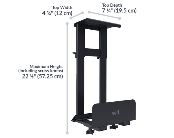 Black Vari PC desk mount with labeled dimensions: top width 4&frac34;" (12 cm), top depth 7&frac34;" (19.5 cm), and maximum height 22&frac12;" (57.25 cm), designed for under-desk computer tower installation.