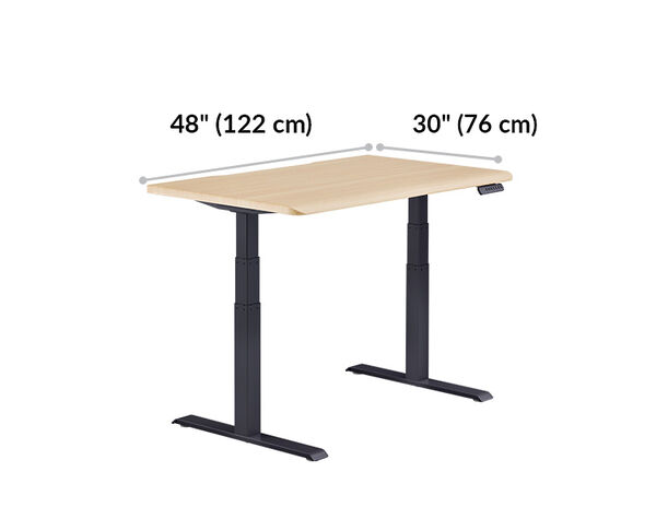 Electric Standing Desk with ComfortEdge&trade; 48x30 light wood with black legs is 48 inches wide and 30 inches deep