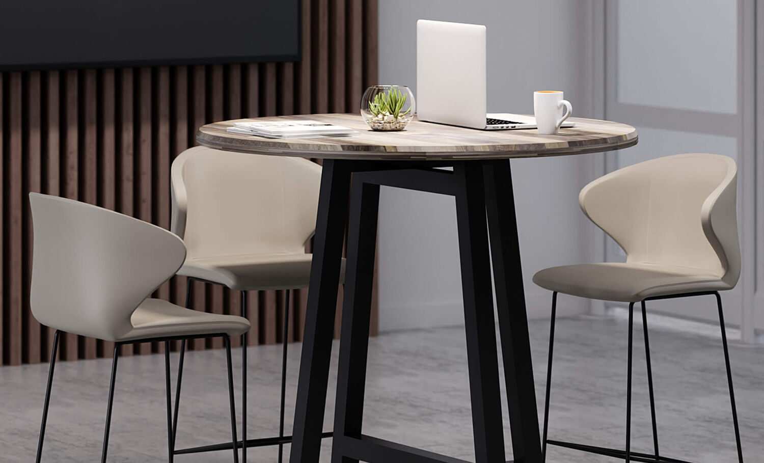 tall cafe chairs around a standing round table 