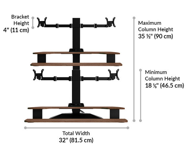 Dimension image shows that the maximum monitor width for rotation to vertical orientation is 24 inches and the base depth is 15 and three quarter inches deep and the base width is 19 and five eights wide