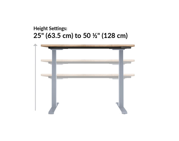 the ergo electric Standing Desk with fifty four by twenty six goes from twenty five inches to fifty and a half inches tall