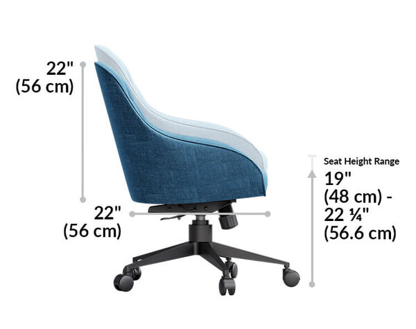 upholstered desk chair is 22 inches tall and 22 inches deep. Seat height ranges from 19 to 22 and a quarter inches