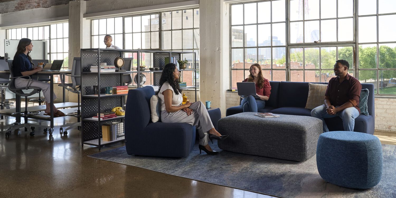 overview of a lounge seating area in an office setting 