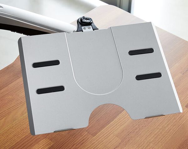 laptop stand seen from above, with full tray and anti-slide grippers to support laptop securely 