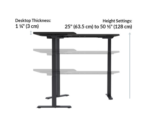 L-shaped desk side-view diagram showing desktop thickness one and one-quarter inches and height settings from twenty-five to fifty and one-half inches, with the desktop shown at three heights.