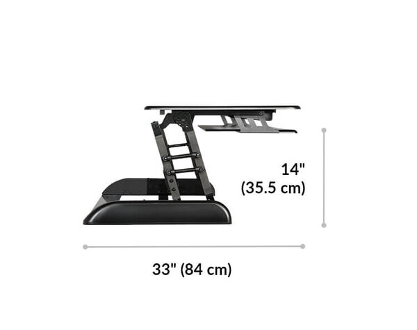 Varidesk Cube Plus 48 max length extension 33 inches or 84 centimeters. Height to bottom of keyboard tray 14 inches or 35 and one half centimeters.