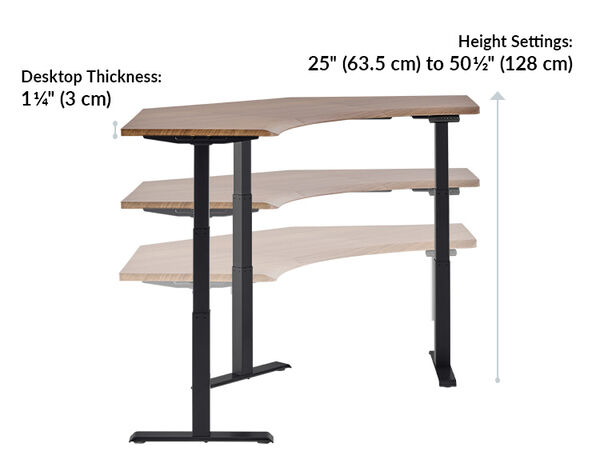 the command center desk has a desktop thickness of 1.25 inches and is height adjustable from 25 inches to 50 and a half inchesalf inches tall