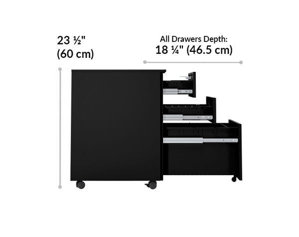 all drawers are 18 and 1 quarter inches long. Height is 23 and a quarter inches