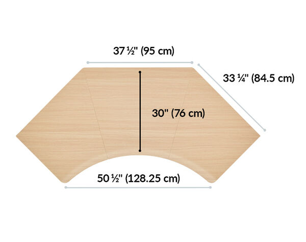 op-down diagram of a corner desk showing dimensions: 50 &frac12;" wide, 30" deep, with angled sides measuring 37 &frac12;" and 33 &frac14;"; metric conversions included for all measurements.