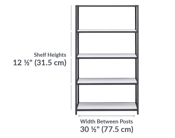 vari 5-tier shelf is 12 and a half inches tall between each shelf and 30 and a half inches wide from post to post