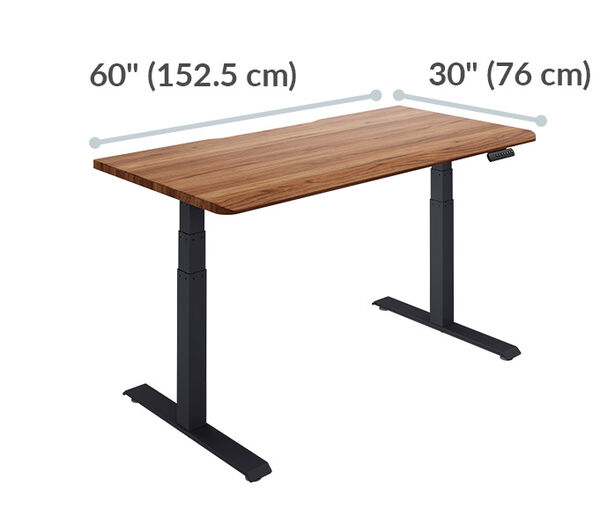 reclaimed wood electric standing desk with a rectangular surface measuring 40 inches (101.5 cm) in width and 26 inches (66 cm) in depth.