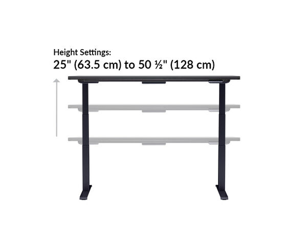The base of the Electric Standing Desk with ComfortEdge&trade;  72x30 black top with black legs goes from 25 inches to 50.5 inches tall